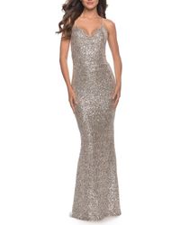 La Femme - Soft Sequin Long Gown With Lace Up Back - Lyst