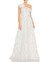 Mac Duggal - One-Shoulder Glitter Tulle Gown With Feather Sleeve & Hand-Embellished A-Line Skirt - Lyst