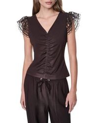 DKNY - Center Ruched Lace Sleeve Cotton Blend Top - Lyst