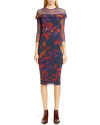 Fuzzi Floral Ruffle Trim Sheer Sleeve Dress - Multicolour