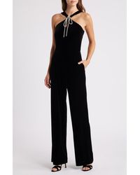 Eliza J - Rhinestone Tie Neck Wide Leg Velvet Jumpsuit - Lyst