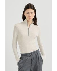 Brunello Cucinelli - Virgin Wool And Cashmere Lightweight Ribbed Turtleneck Sweater With Precious Half Zip - Lyst