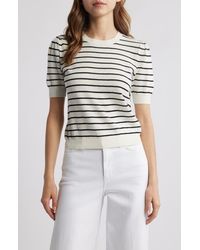 FRAME - The Gathered Stripe Short Sleeve Organic Cotton & Linen Blend Sweater - Lyst