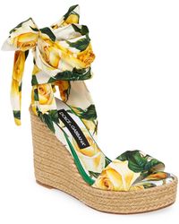 Dolce & Gabbana - Floral Print Ankle Tie Wedge Sandal - Lyst