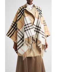 Burberry - Ekd Check Double Face Cashmere & Wool Fringe Cape - Lyst