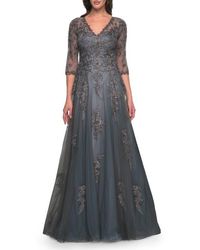 La Femme - Beautiful A-Line Tulle And Lace Dress With Sheer Sleeves - Lyst