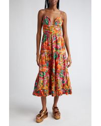 FARM Rio - Beaded Floral Tiered Cotton Midi Dress - Lyst