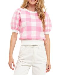 English Factory - Gingham Puff Sleeve Sweater - Lyst