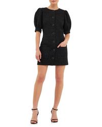 Endless Rose - Puff Sleeve Tweed Button-Up Minidress - Lyst
