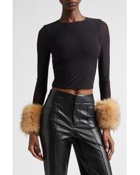 Alice + Olivia - Delaina Faux Fur Cuff Mesh Crop Top - Lyst