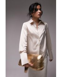 TOPSHOP - Long Sleeve Satin Button-up Shirt - Lyst