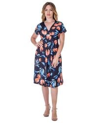 24seven Comfort Apparel - Petites Tulip Print V Neck Empire Waist Kimono Cap Sleeve Knee Length Dress - Lyst