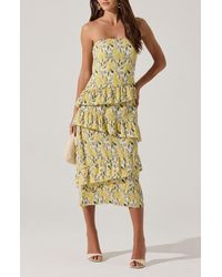 Astr - Plissé Asymmetric Tiered Ruffle Strapless Midi Dress - Lyst