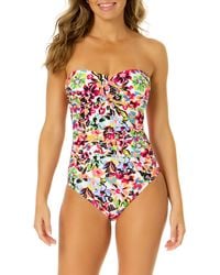 Anne Cole - Twist Front Shirred Bandeau One-piece Swimsuit - Lyst