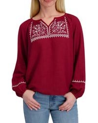 Lucky Brand - Embroidered Long Sleeve Cotton Blend Top - Lyst