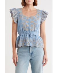 Democracy - Embroidered Peplum Ruffle Sleeve Top - Lyst