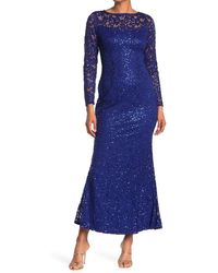 Marina - Sequin Lace Long Sleeve Gown In Cobalt At Nordstrom Rack - Lyst