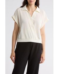 Pleione - Short Sleeve Faux Wrap Textured Satin Top - Lyst
