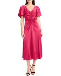 Maggy London - Flutter Sleeve Ruched Satin Midi Dress - Lyst