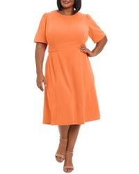 green emerald velvet dress London Times Women's Dresses Short Sleeve Crepe Fit and Flare Midi with  Waist Button Detail at Amazon Women's Clothing store