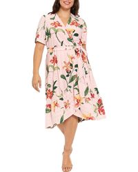 London Times Floral Eyelet Short Sleeve Faux Wrap Dress in Red | Lyst