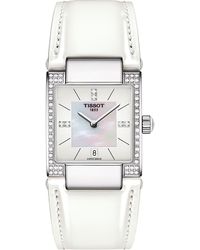 Tissot - T-2 Mother Of Pearl Diamond Accented Leather Strap Watch- 0.16 Ctw, 32Mm - Lyst