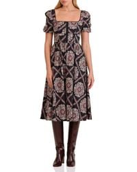 Avec Les Filles - Botanical Print Corset Bodice Stretch Cotton Midi Dress - Lyst