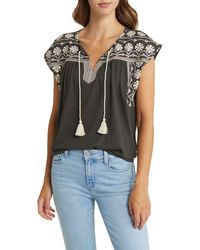 Lucky Brand - Embroidered Cotton Blend Peasant Top - Lyst