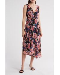 Connected Apparel - Floral Asymmetric Hem Chiffon Midi Dress - Lyst