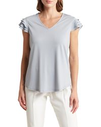 Adrianna Papell - V-neck Tiered Ruffle Sleeve Crepe Knit Top - Lyst