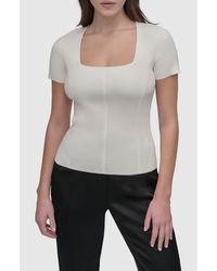 DKNY - Square Neck Short Sleeve Cotton Blend Sweater - Lyst