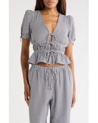 Wayf - Gingham Short Sleeve Tie Front Top - Lyst