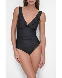 DKNY - Ruffle Plunge Neck One-Piece Swimsuit - Lyst