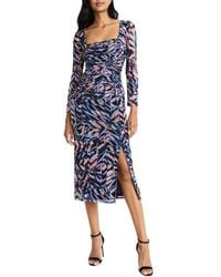 Donna Morgan - Ruched Mesh Long Sleeve Midi Dress - Lyst