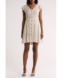 AUGUST SKY - Stripe Cap Sleeve Button Front Minidress - Lyst