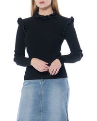 Gracia - Imitation Pearl Ruffle Shoulder Long Sleeve Rib Knit Top - Lyst