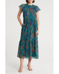 The Good Journey - Smocked Flutter Sleeve Midi Dress - Lyst