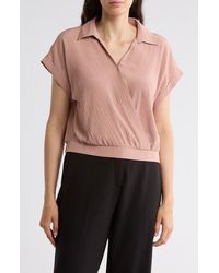 Pleione - Short Sleeve Faux Wrap Textured Satin Top - Lyst