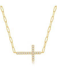 Simona Goldtone Plated Sterling Silver Cubic Zirconia Sideways Cross Necklace At Nordstrom Rack - Metallic