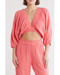 Elan - Three-Quarter Balloon Sleeve V-Neck Cover-Up Top - Lyst