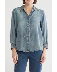 Democracy - Beaded Front Chambray Button-Up Shirt - Lyst
