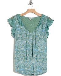Lucky Brand - Printed Flutter Sleeve Tie Neck Top - Lyst