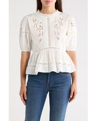 Max Studio - Embroidered Short Sleeve Cotton Peplum Top - Lyst