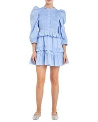 English Factory - Smocked Balloon Sleeve Cotton Minidress - Lyst