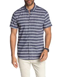 Report Collection Short Sleeve Stripe Print Slim Fit Shirt - Blue