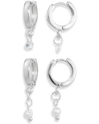 Nordstrom Rack - Set Of 2 Faux Pearl & Cubic Zirconia Huggie Hoop Earrings - Lyst