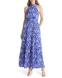 Tahari - Leaf Print Stretch Charmeuse Maxi Dress - Lyst