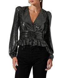 Astr - Metallic Sequin Long Sleeve Peplum Top - Lyst