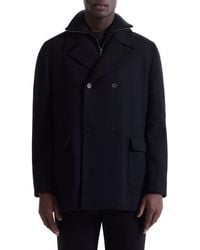 Bugatchi - Leather Trim Wool Blend Tweed Peacoat - Lyst