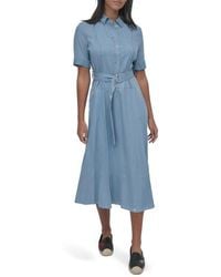 DKNY - Belted Drop Waist Denim Midi Dress - Lyst